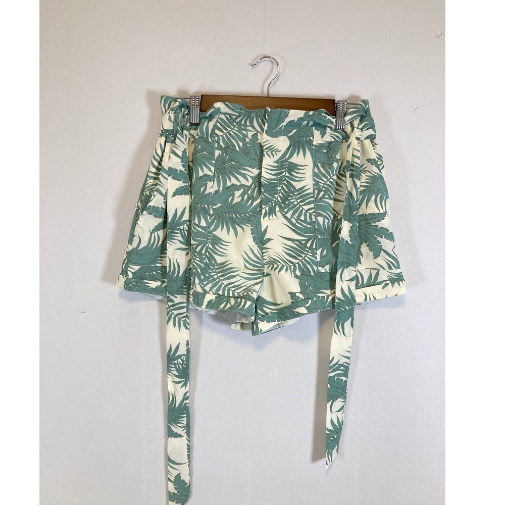 Tropical Boho Luxxel Womens Medium Green Palm Leaf Paperbag Waist Tie Shorts